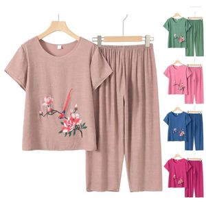 Kvinnors tvåbitar byxor Lady Homewear Clothes Flower Print Summer Pyjamas Set With O-Neck Top High midje Casual Tracksuit For Weals