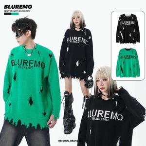 BLUREMO | Autumn/winter American Street Trendy Letter Jacquard Round Neck Sweater High Grade Feeling Perforated Pullover Knit