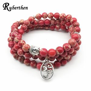 Ruberthen Fashion Yoga Ohm Bracelet Design Women's Healing Spiritual Jewelry Trendy Natural Red Regalite 108 Mala Bracelet 240320