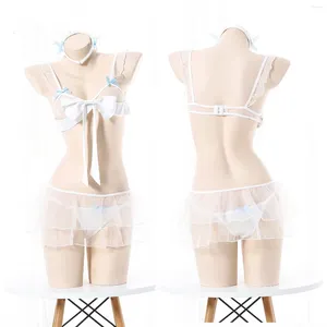 Costume da bagno da donna Dolce Sheer Mini Tank Bow Dress Bikini trasparente in rete Sexy Hollow Out Maid Elegante costume da bagno con lacci
