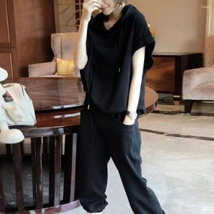 Women's Two Piece Pants Women Hoodie Set Casual With Drawstring Waist Pockets Solid Color Short Sleeve For Comfortable