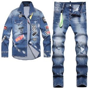 Neue Sommer-Trainingsanzüge für Herren, Hemd, Jeans, 2-teiliges Set, modisch, lässig, langärmelig, Revers, Denim-Cardigan und zerrissene, dünne Hosen, bedrucktes 2-teiliges Set