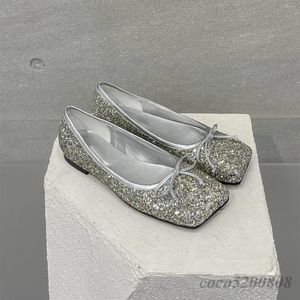 Sapatos casuais primavera outono moda feminina glitter bling ballet flats arco-nó mocassins runwaysquare toe deslizamento-on