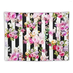 Tapestries Black And White Stripes Bright Pink Roses Floral Tapestry Luxury Living Room Decoration House