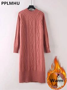 Winter Thicken Plush Velvet Lined Sweater Dress Fall Half Turtleneck Rib Knit Bottom Dresses Elegant Warm Vestido Midi 240315