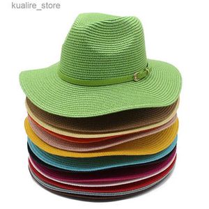ワイドブリム帽子バケツ帽子新しい草緑色のフラットブリムトップハット旅行ビーチサンサンサンハット女性麦わらジャズフェドーラベルトL240322