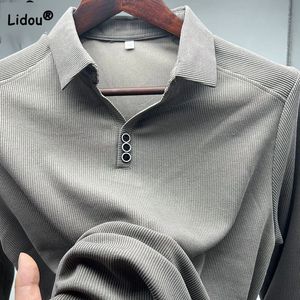 Business Office Fashion Polo-Neck Mens Shirt Autumn Winter Casual All-Match Solid Color Long Sleeve T-Shirt Male Clothes 240314
