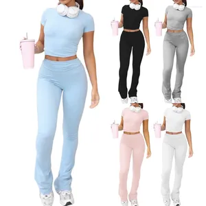 Women's Two Piece Pants Women 2 Lounge Sets Solid Color Crew Neck Short Sleeve Top Flare Slim Fit Low Waist Daily Outfit Yoga Sports