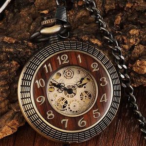 Pocket Watches Unique wooden circular gear dial bronze antique mechanical pocket mens retro carved Fob handbag steam punk womens L240322