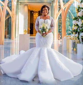 2019 Plus Size Mermaid Wedding Dresses Long Sleeves Sweetheart Neckline Sequins Applique Lace Sweep Train Organza Satin Wedding BR9437366