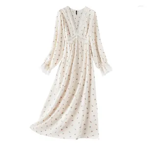 Women's Sleepwear Nightgown Printing Flowers Long Sleeve V Neck Sleep Dress Homewear Ice Silk Women Home Nightwear Lace Edge Nightdress