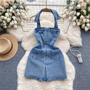 Abiti casual Abito jeans stile americano retrò femminile con colletto rovesciato, corto e sexy, stile Halter Spice