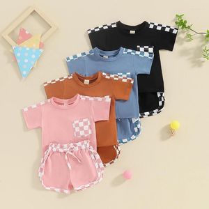 Clothing Sets Baby 2 Piece Outfits Plaid Patchwork Short Sleeve T-Shirt And Elastic Shorts Set For Toddler Girl Boy Cute Summer Clothes