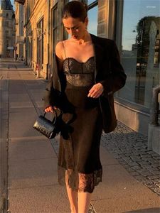 Casual Dresses Black Lace Patchwork Midi Dress For Women Backless See-Through Elegant Spaghetti Slim Ladies Split Fashion