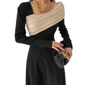 Wholesale 2023 Autumn Retro Niche Irregular Neckline Splicing Knitted Waist Slim Long Sleeve A-line Womens Dress