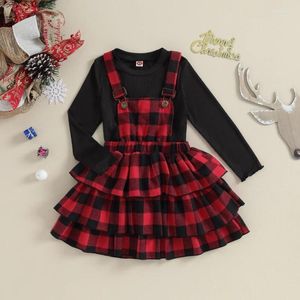 Kleidungssets, 2-teiliges Herbst-Outfit für Kinder, Mädchen, einfarbig, gerippt, Rundhalsausschnitt, Langarm-T-Shirts, Tops, karierte Hosenträgerröcke, Weihnachtskleidungsset