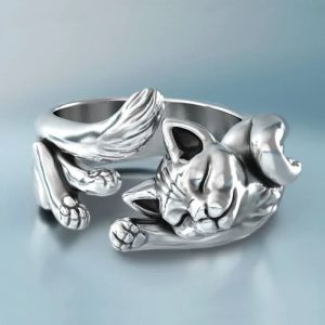 Bonito fortuna forma de gato abertura 14k anéis de ouro para mulheres vintage sapo animal delicado anel de dedo menina moda jóias presentes