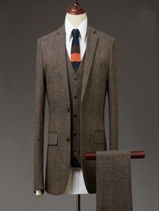 2019 Brown 3 Piece Mens Suits Tweed Wool Check Suits Regular Fit Groom Tuxedos Custom Made3216939