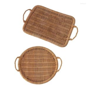 Plates Farmhouse Woven Rattan Fruit Basket Bread Serving Tray With Handles Decorative Round Rectangular Display For Snack Tea