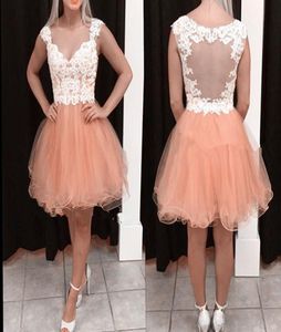 Cheap Nude Pink Short Homecoming Dresses Sweetheart Cap Sleeves Appliques Tulle White Illusion Back Short Party Dresses Prom Dress4132582