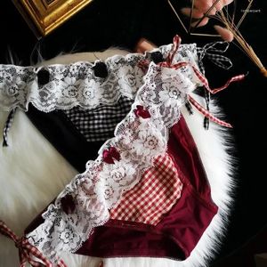 Damenhöschen, japanisches süßes Lolita-Retro, kariert, sexy Spitze, Schleife, Zuckerguss, Seide, Slips, Träger, modische Unterwäsche, bequeme FRAUEN