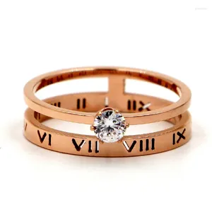 Com pedras laterais anéis femininos cristais de zircônia casamento nupcial para rosa ouro cor numeral romano anel de dedo feminino r010