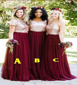 2022 Fashion Country Bridesmaid Dresses Cheap Long Rose Gold Sequined Fabric Tulle Empire Waist Under 100 maid of honor dresses Fo3452809