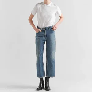 Kvinnors jeans mode märke raka ben byxor metall triangel dekoration vintage premium casual nio minuters lösa ben