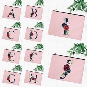 Kosmetiska väskor 26 Initialer Flower Pink Bag Letter Makeup Women Travel Bridesmaid Gift Ladies Portable Case Beauty