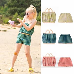 2024 meninas conjuntos de roupas xadrez crianças retalhos cor suspender topos bolso duplo shorts verão crianças praia férias outfits z7297