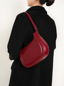 Drawstring Women Retro Genuine Leather Red Underarm Bag One Shoulder Diagonal Straddle Female Wedding Girlfriend Daily Use