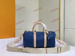 24SS Womens Gym Keepall 25 Duffel Bags M20900 Denim Canvas Tote Bagage Luxurys Designer Bag Handväskor Koppling präglade påse crossbody axel axel