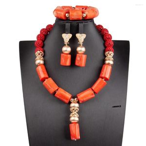 Necklace Earrings Set Original Big Coral Beads African Wedding Jewelry Red Rhinestone Chunky Bridal CNR114