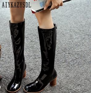 Boots AIYKAZYSDL 2024 Autumn Winter Knee High Patent Leather Boots Glossy Vinyl Booties Ridding Knight Boots Block Heel Women Burgundy