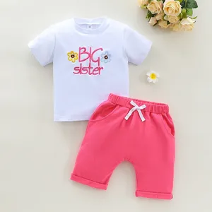 Conjuntos de roupas meninas shorts de verão manga curta carta flor bordado tops cor sólida