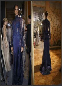 Elegant Zuhair Murad Navy Blue Long Mermaid Evening Dresses High Neck Lace Appliques Beaded Illusion Party Prom Gowns Special Occs4336716