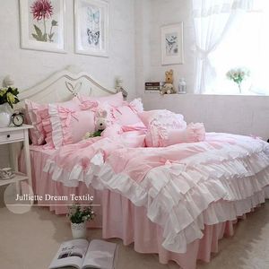 Sängkläder set Top Luxury Set Ruffle Cake Layers Däcke Cover Romantic Bed Sheet Princess Bedroom Beddings Bowknot Kudde