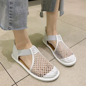 Sandals 2022 New Summer Mesh Sandals Female Hollowed Out Baotou Mesh Doll Head Fashion Mesh Breathable Lazy Flat Shoes
