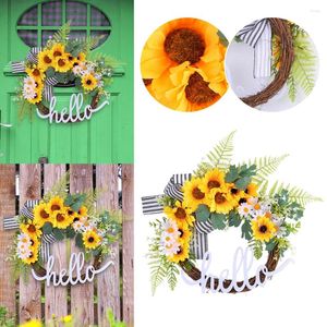 Decorative Flowers 17.7 Inch Artificial Sunflower Garland Aesthetic Plastic Door Hanging Wreath For Indoor Outdoor Decor