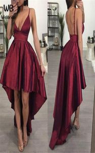 Sexig mörkröd A Line Graduation Dresses With Back Zipper Satin Sexig Spaghetti Hi Lo Prom Gown 2020 Cheap5454219