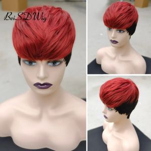 Perucas BeiSDWig Perucas curtas sintéticas Pixie com franja preta e vinho tinto 2 tons perucas de cabelo para mulheres