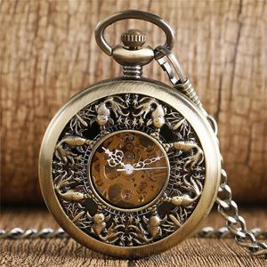 Steampunk Bronze Hollow Out Cute Little Goldfish Cover Handwind Mechanical Pocket Watch FOB Skeleton Clock Pendant Chain to Men WO1645