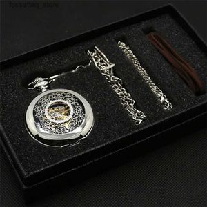 Pocket Watches Antique Mechanical Pocket Hand-Winding Hanging Pendant Clock with Necklace Chain+Leather Chains Present Sets for Men L240322
