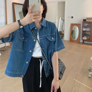Kvinnors blusar rimocy kort ärm denim skjorta koreanska stilfickor knapp upp jean jacka kvinna vintage stänga av krage blus kvinnor
