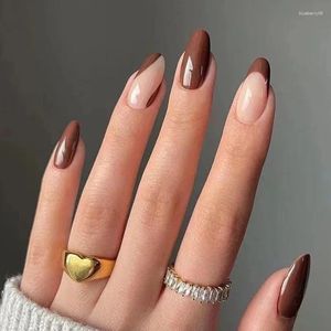 Unhas Falsas 24 Pçs/set Simples Linhas Marrom Design Prego Stiletto Francês Cobertura Completa Cola Falsa DIY Manicure Ferramentas de Arte Dicas