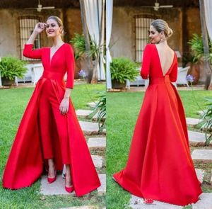 Vermelho profundo decote em v macacão vestidos de noite 2020 mangas compridas ruched sem costas até o chão formal festa vestidos de baile com sobre saias5491082