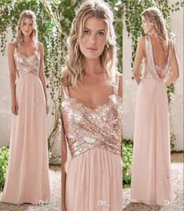 2020 Abiti da damigella d'onore Blush Pink Spalline con paillettes Increspato Senza maniche Backless Chiffon Spiaggia Abiti da festa lunghi Matrimonio Gu1820784