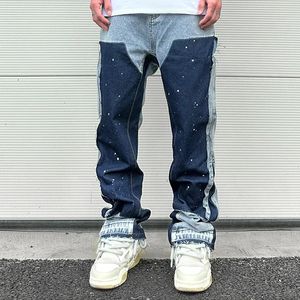 Streetwear Speckled Ink Color Match Y2K baggy jeans för män Patchwork Rage Fringe Micro Denim Trousers Overdimased Loose Cargos 240320