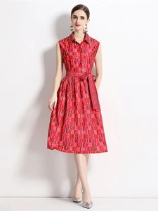 Runway Designer Fashion Letter Print Red Shirt Dress for Womens ärmlös Single Breasted Bow Tie spetsar upp en linje Midi Vestidos 240323