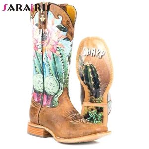 Stiefel Sarairis 2023 Neue weibliche Stiefel klobige Ferse Slipon Blume Mid Cal Women Stiefel Stickstiefel Reitstiefel Vintage Casual Schuhe